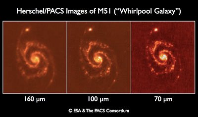 Vistazo de Herschel de M51 en 70, 100, 160 micrones